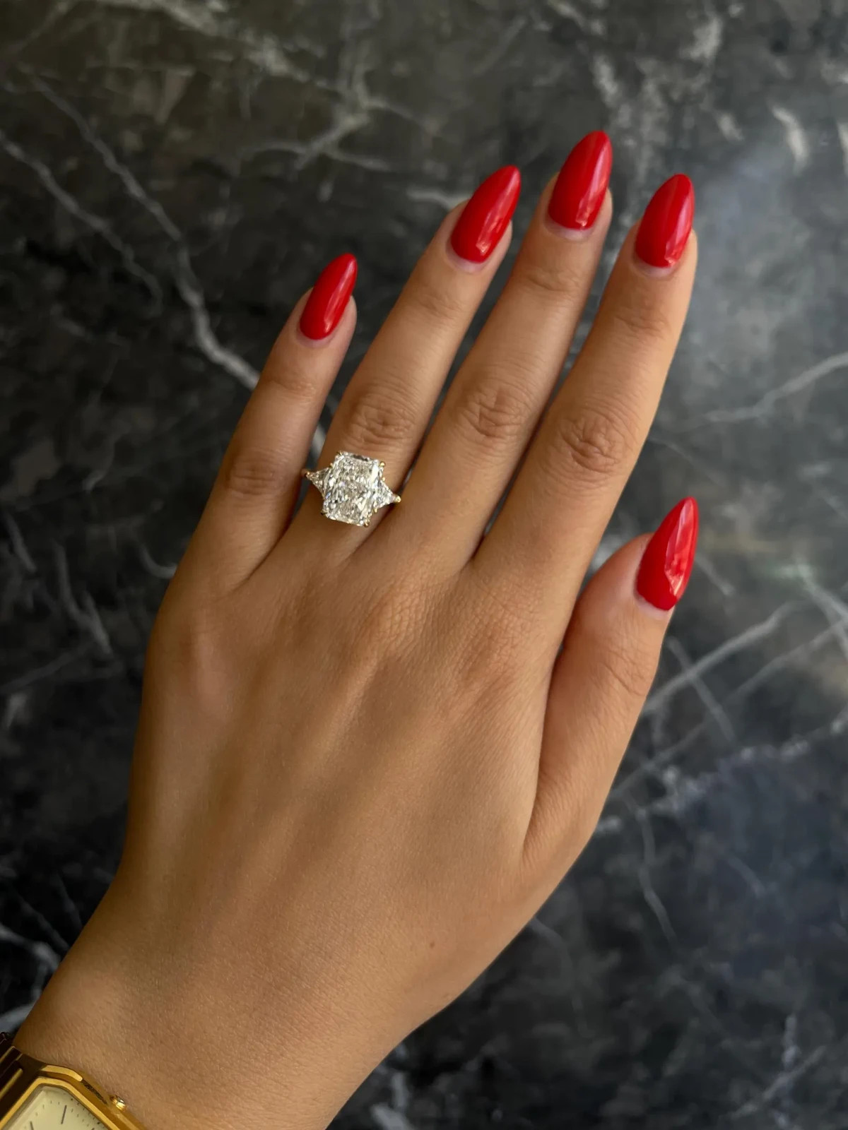4Ct Radiant-Cut Lab Grown Diamond Three Stone Engagement Ring in 14k Yellow Gold