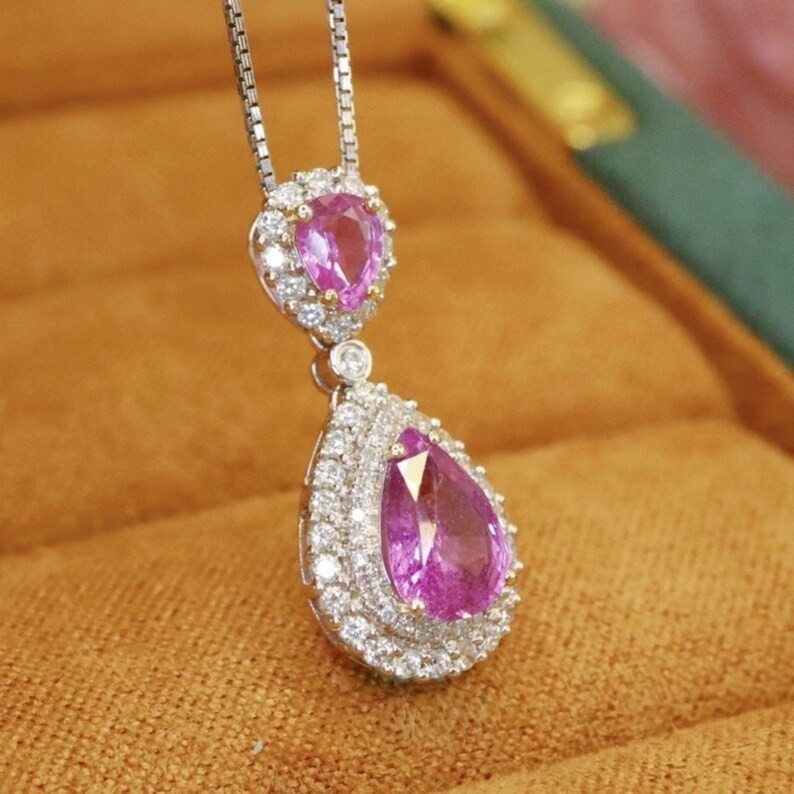 6.00Ct Pear cut Natural Pink Sapphire & Diamond Solid 14K White Gold Pendant