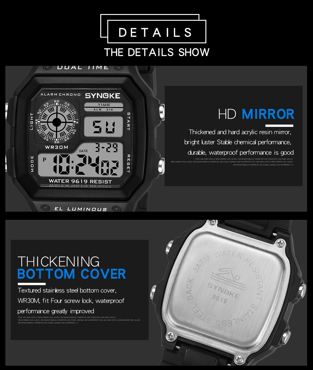 2 Packs Men Digital Multi-Function Sport Watches Dual Time Alarm Backlight Watch
