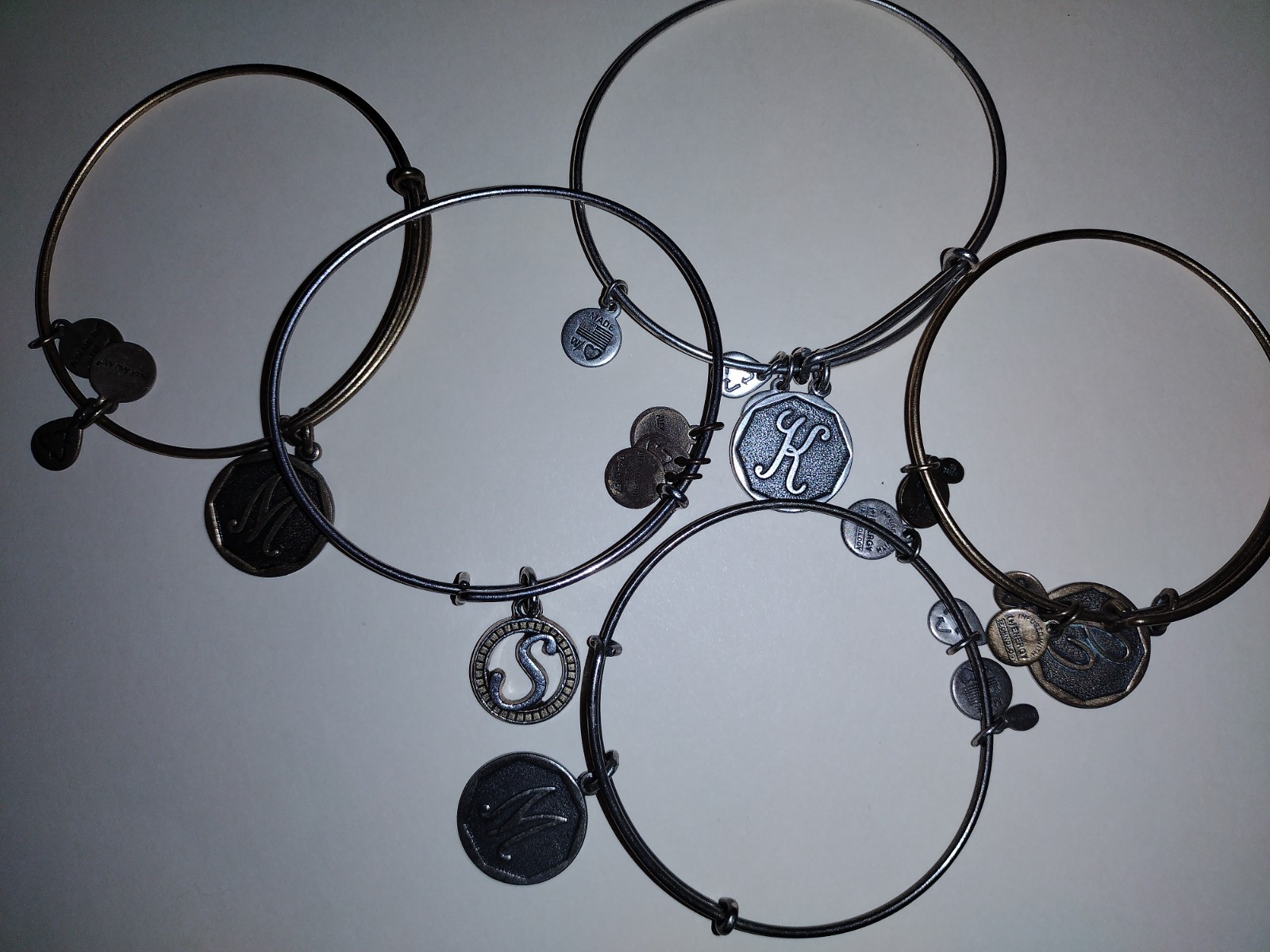 alex and ani energy bracelets Initials C, K, M, M, S-Lot of 5, color varies