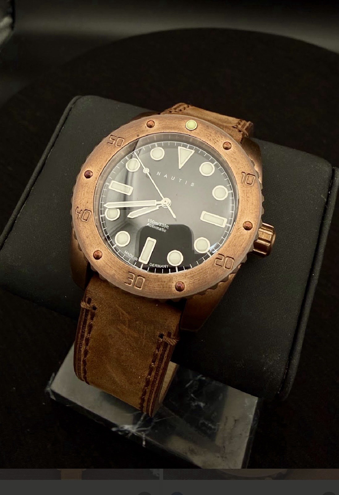 NEW Nautis Automatic Watch Bronze Leather Band Black Dial Brown Bezel 44mm B&P