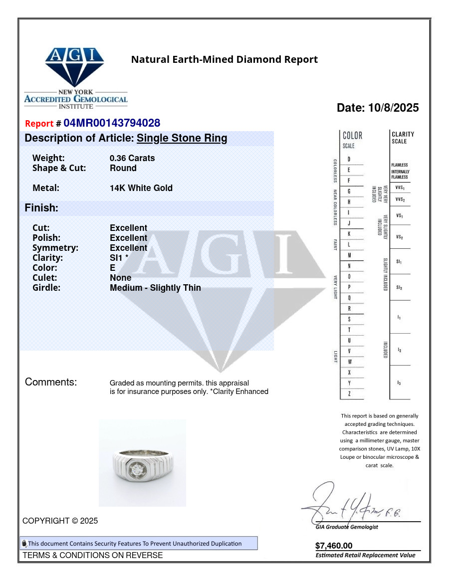 Single Stone Mens Ring 14K Gold Classic Round 0.36 Carat Natural Diamond E SI1