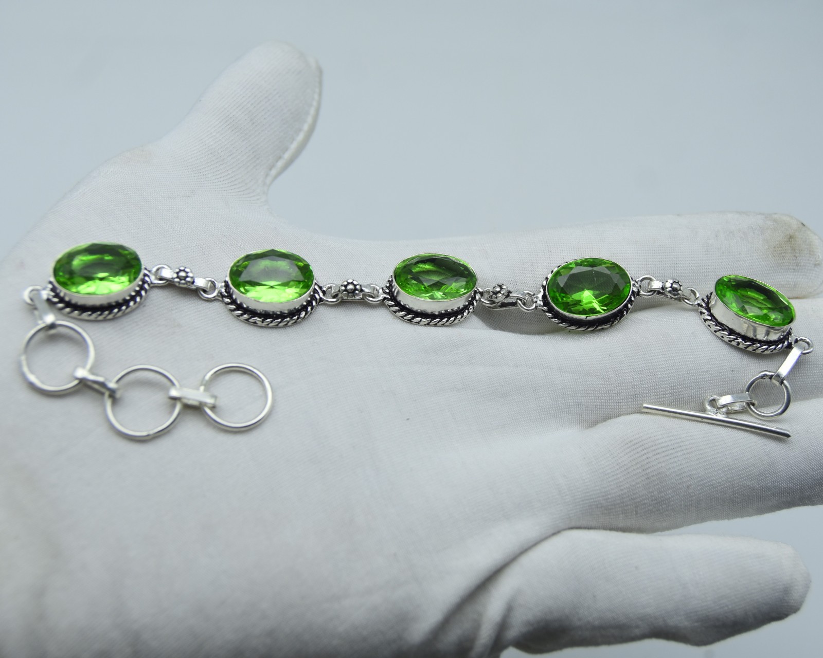 Green Peridot Gemstone Chain Bracelet 925 Sterling Silver Jewelry ADJ 8″