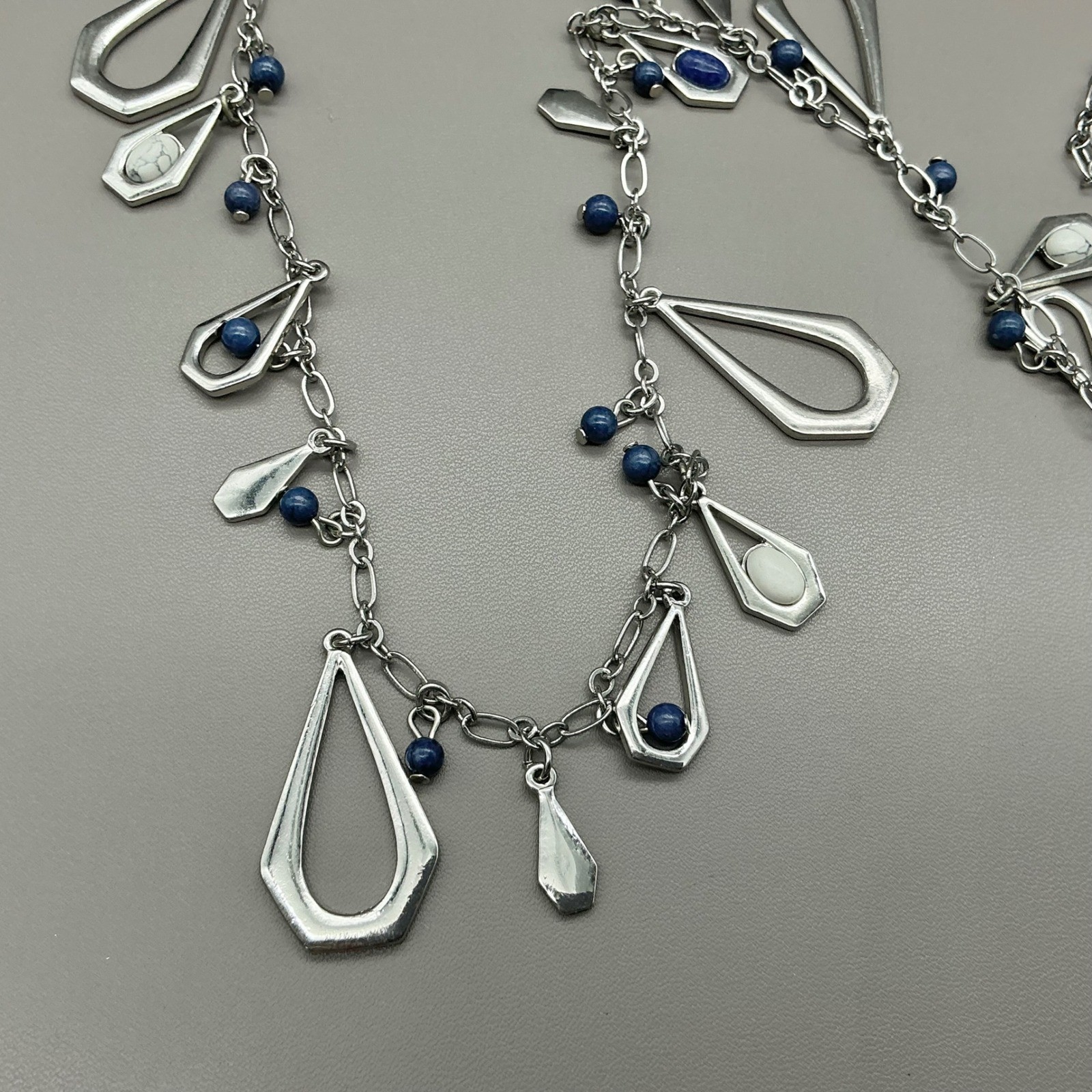 White House Black Market Necklace Silver Tone Blue Bead Charm Dangle Station 36″