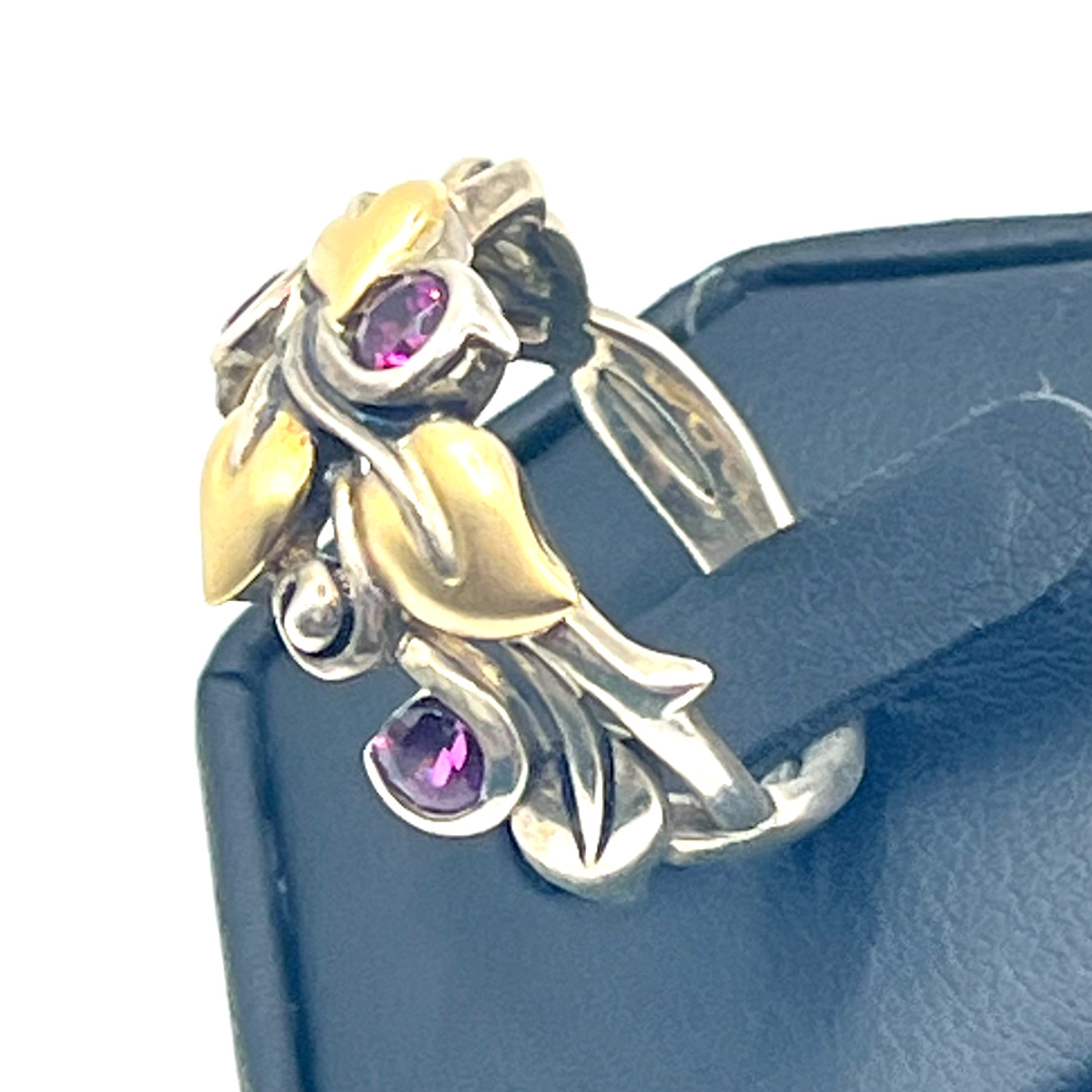 Barbara Bixby Ring Rhodolite Garnet Sz 8 💥 Vine Leaf Sterling 925 & 18k Leaf