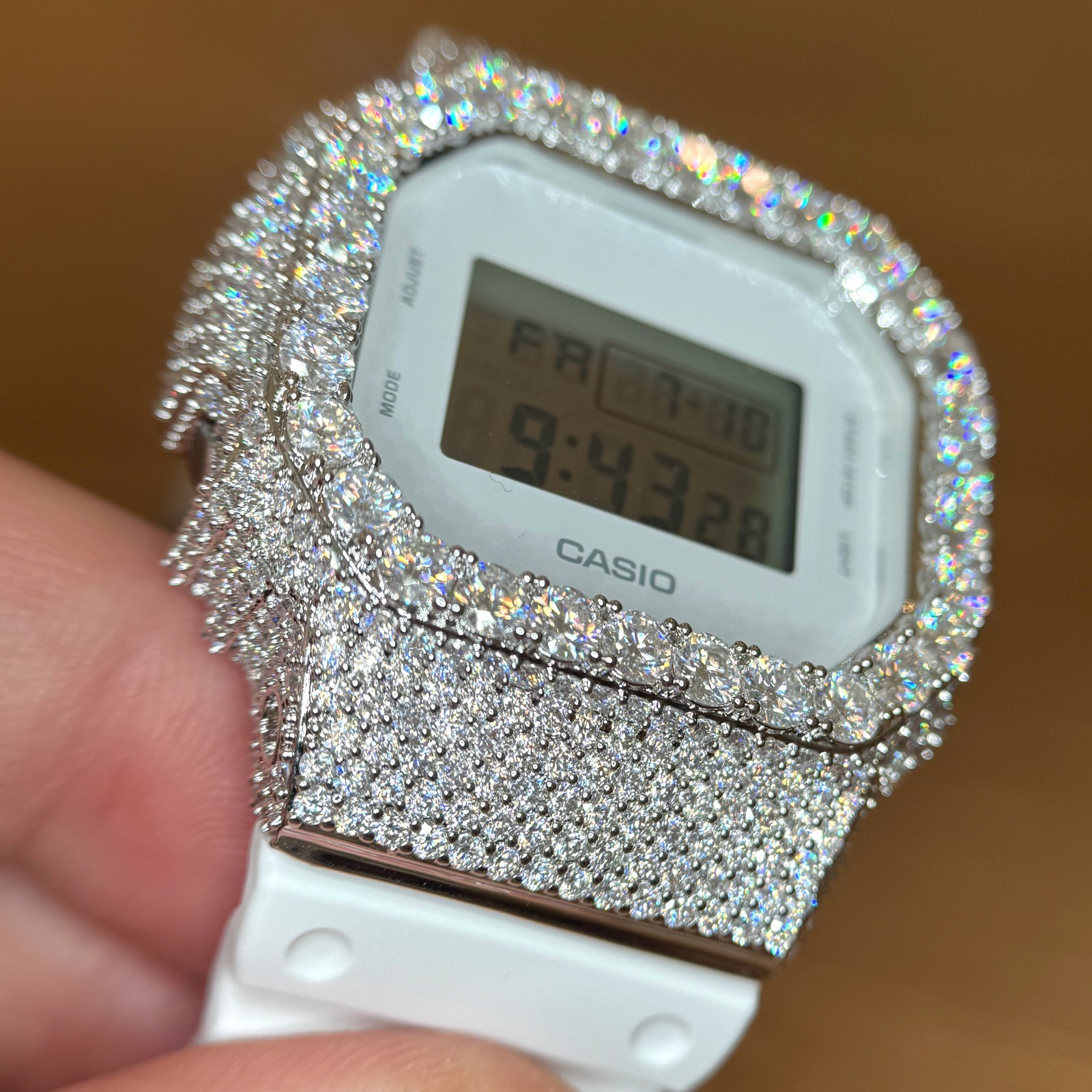 Authentic G Shock White DW5600 Custom Iced Out Moissanite Watch