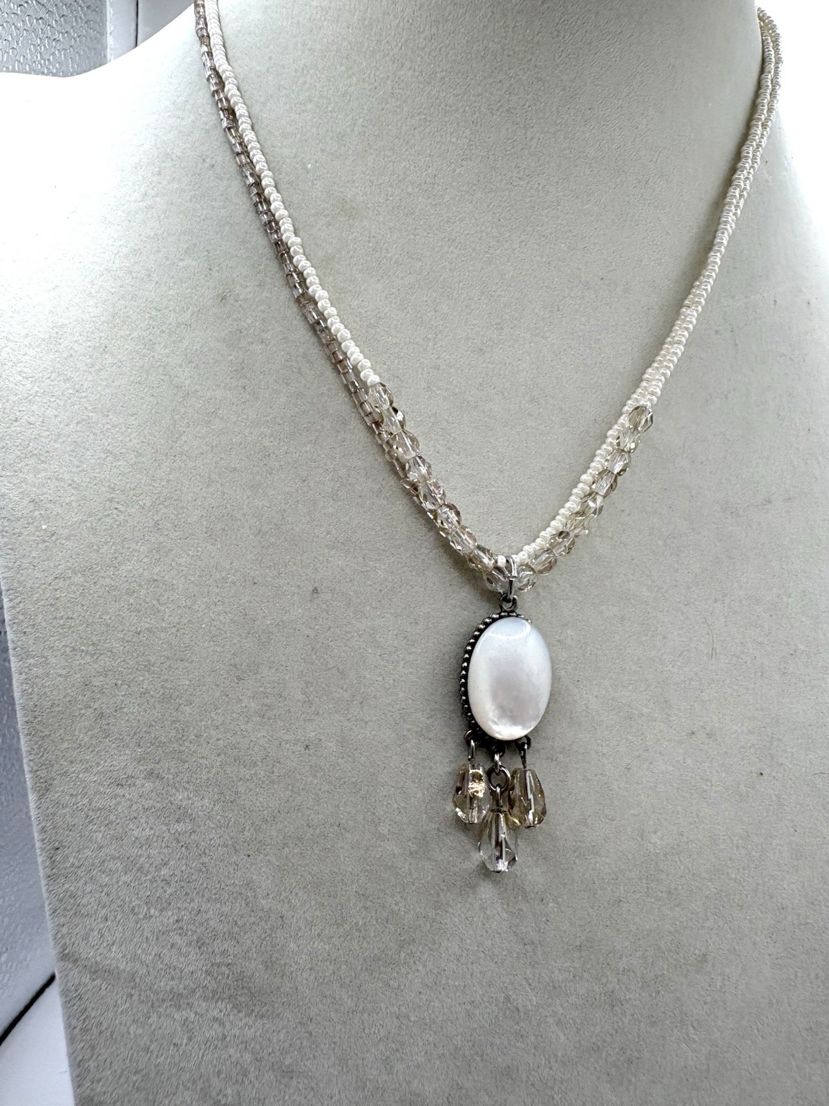 Cream & Champagne Colored Beaded Layered Necklace W/ Oval MOP Pendant Necklace