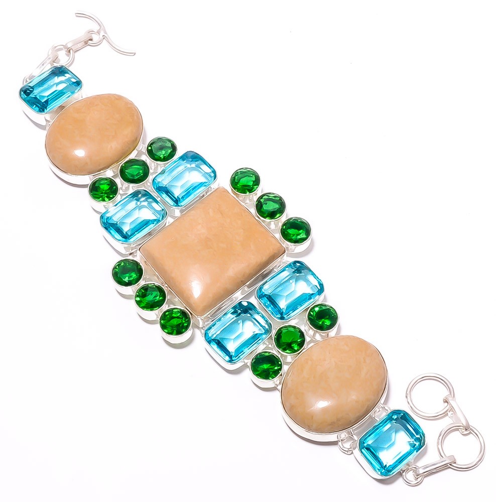 Natural Picture Jasper & Blue Topaz Gemstone 925 Silver Plated Bracelet 7-8″ T