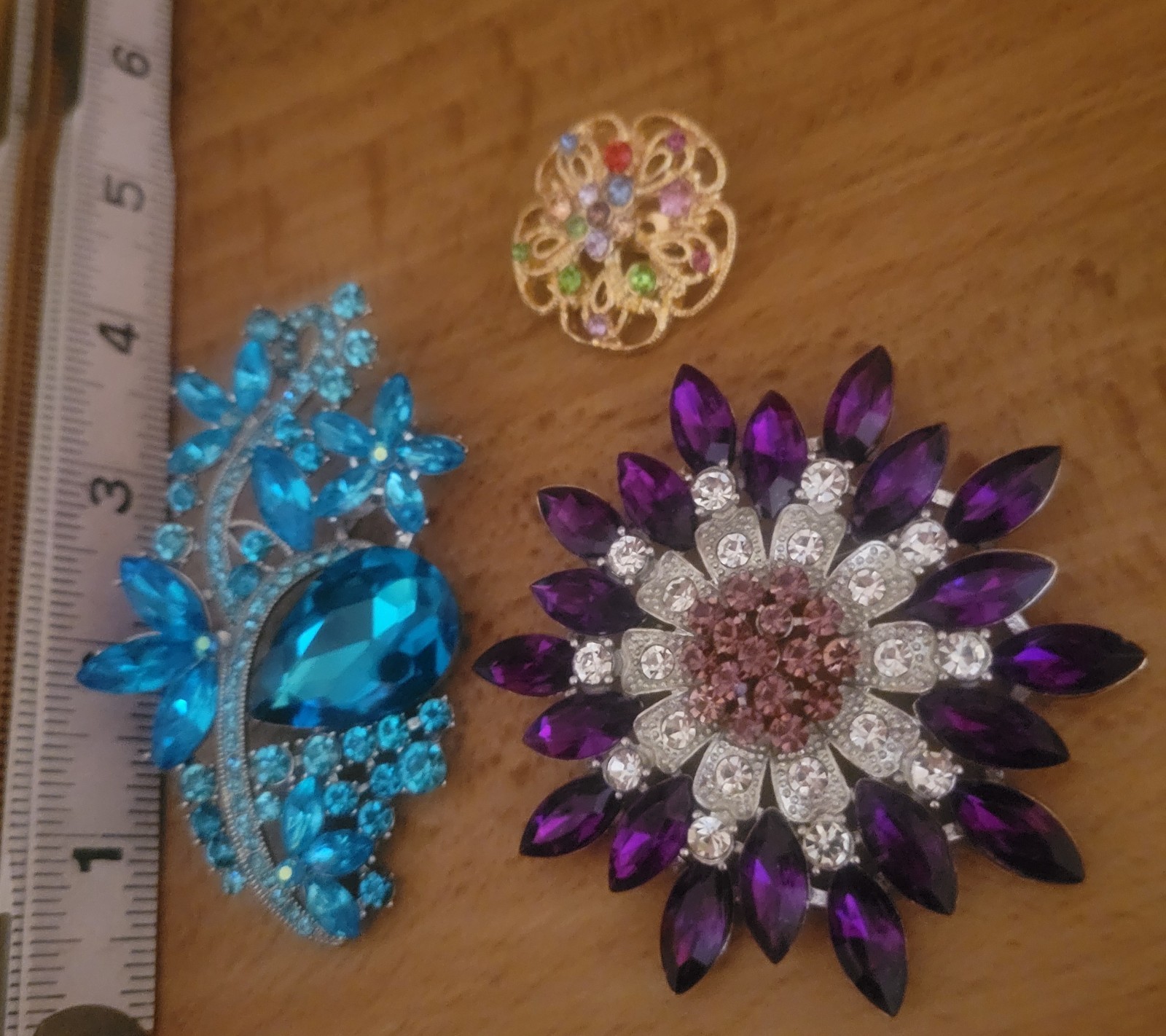 Big Aqua Blue Purple Rhinestone Multicolor Flower Brooch Pin Lot CA USA E508