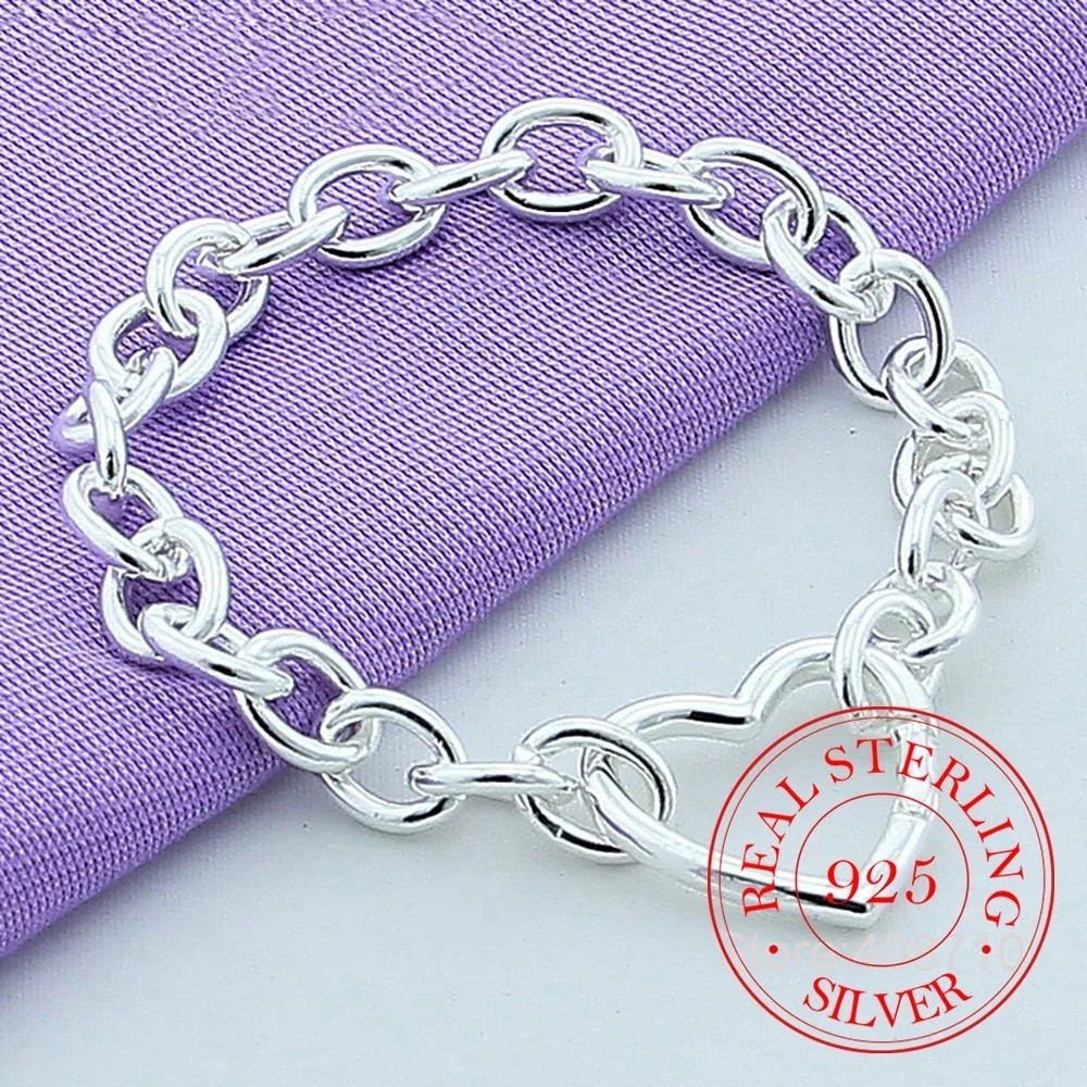 925 Sterling Silver Charm Heart Thick Chain Women Bracelet Fashion Jewelry