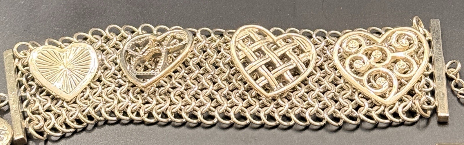 BJ 925 Sterling Silver Five-multiple Strands Hearts Toggle Bracelet -2.4 Ounces
