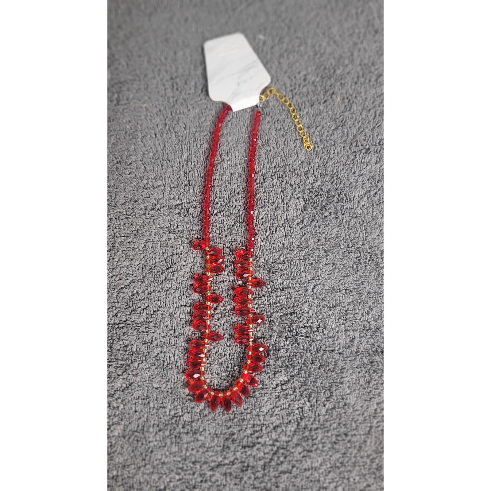 Red Faceted Bead Statement Necklace Gold Tone Adjustable Extender Ruby Tone