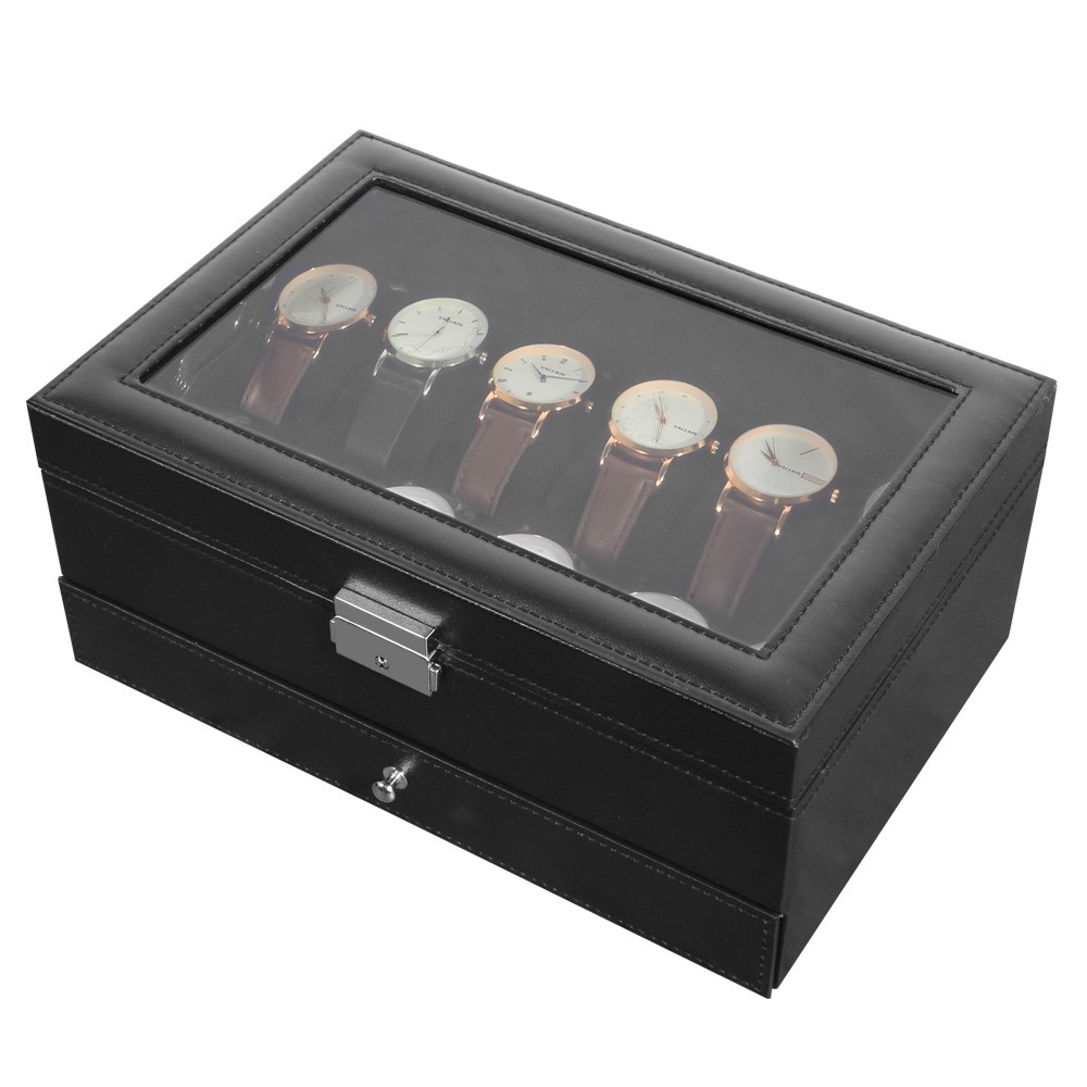 12 Slots Watch Box PU Leather Watch Case Lockable Jewelry Storage Display Case