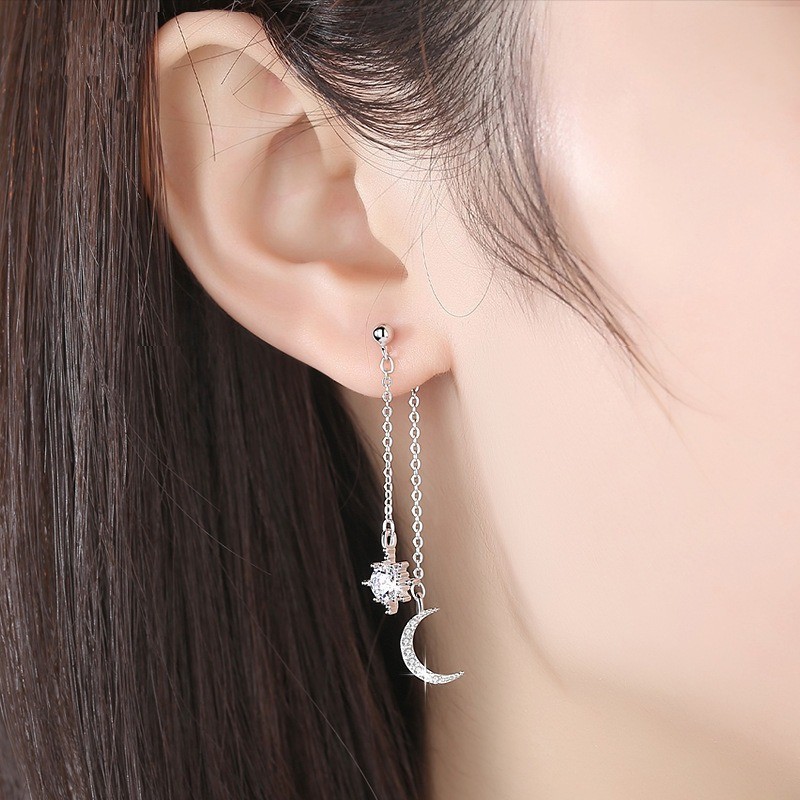 Women’s Long Tassel Ear Studs Inlaid Synthetic Zircon Star Moon Earrings Alloy