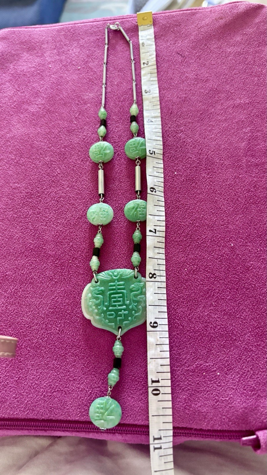 Chinese Style Faux Jade Plastic Pendant Necklace Green Good Fortune Dragon 22″