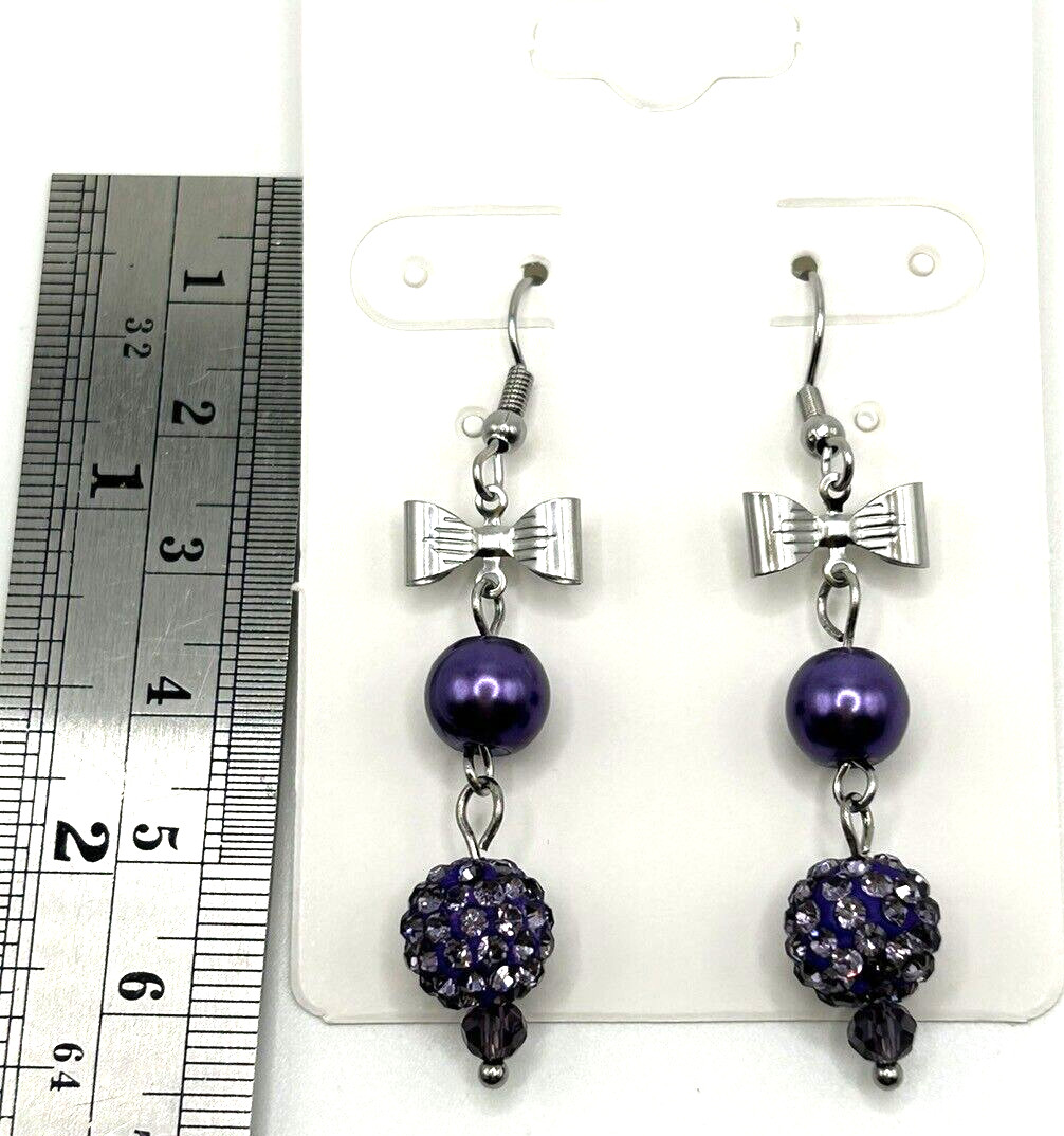Purple Glass Pearls & Pave Crystals With Bows Beaded Dangle Drop Earrings