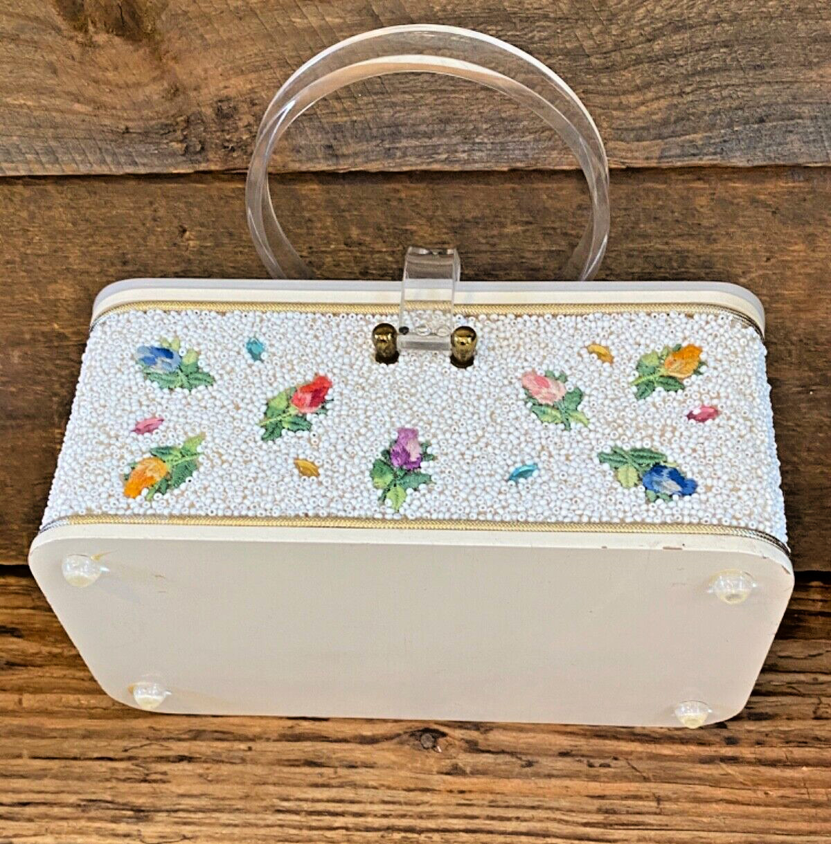Vintage 50’s Midas of Miami Beaded Acrylic Lucite Purse Handbag Box