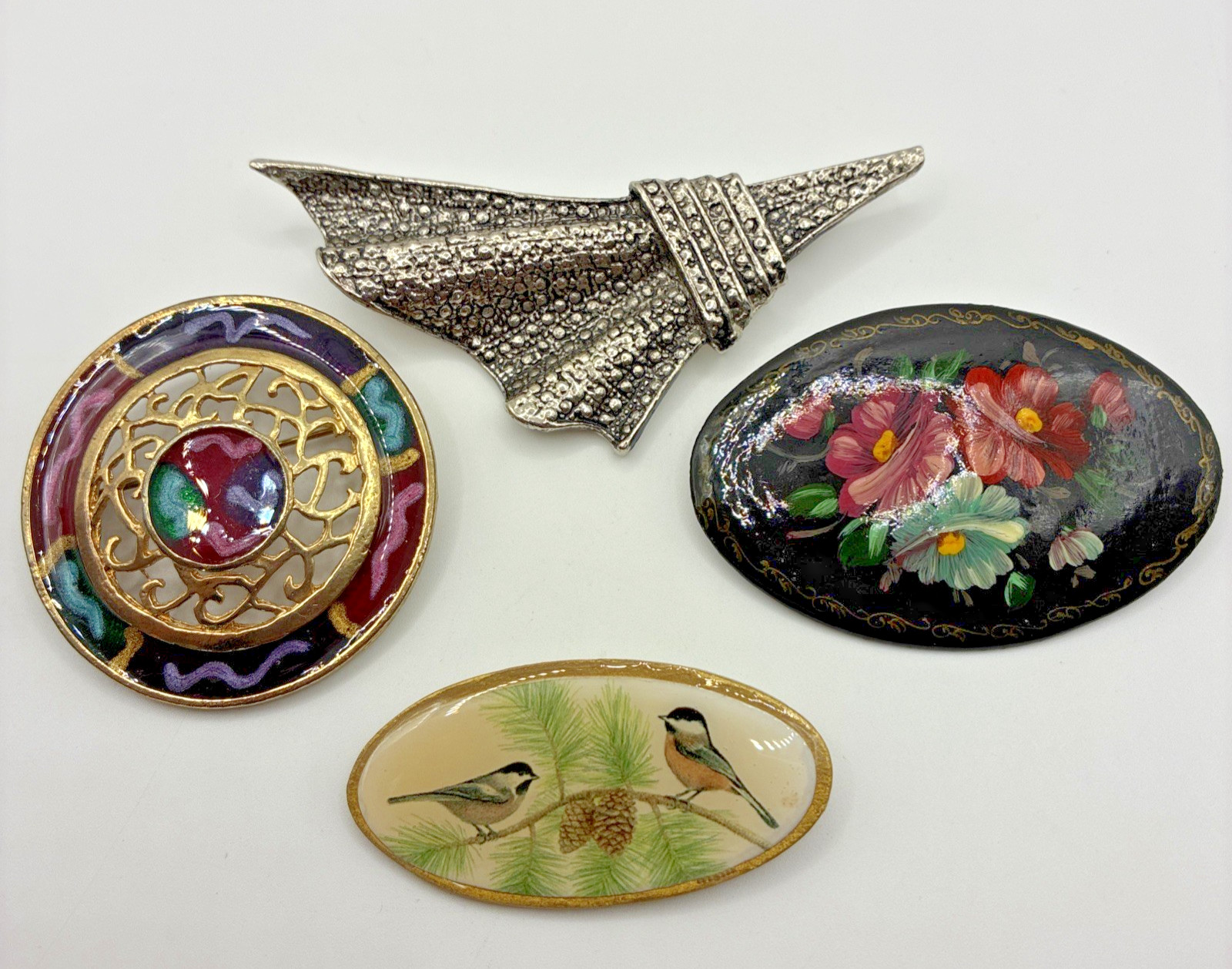 Vintage Brooch Lot Floral Nature Birds Hand Painted Silve Tone Statement Pin