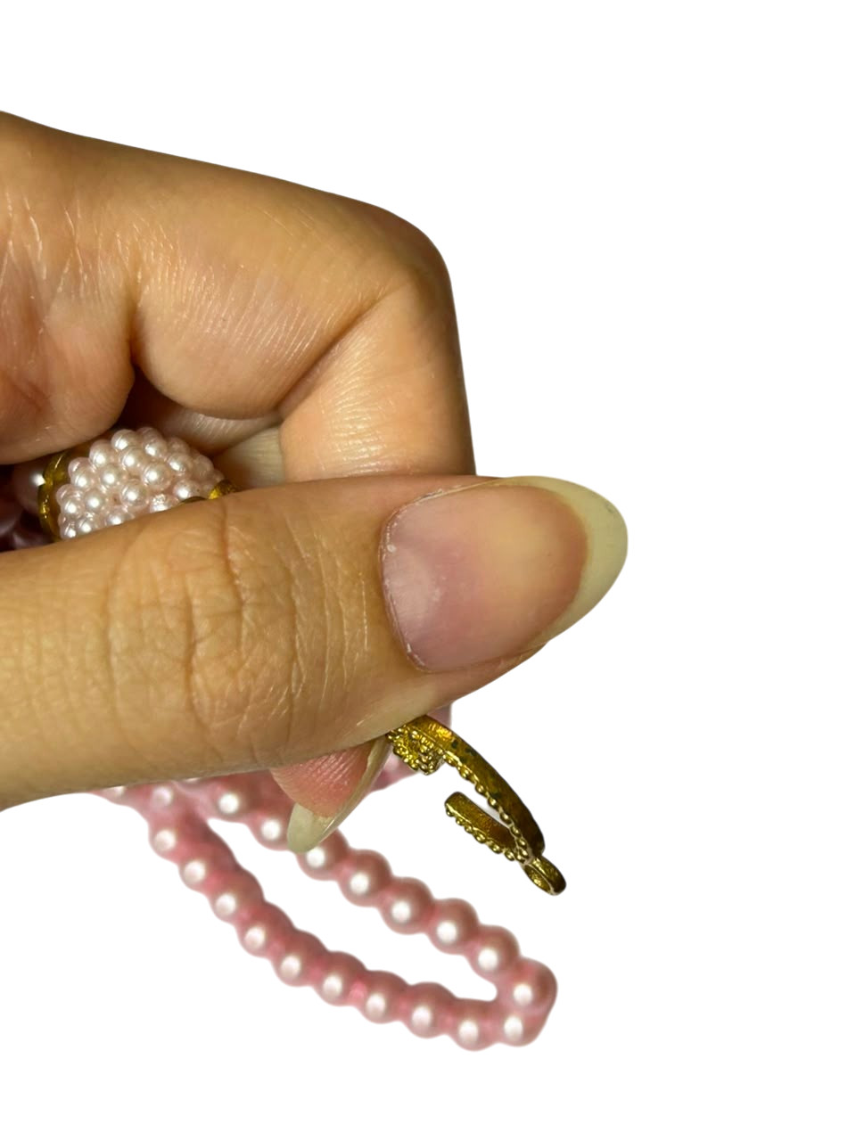 Vintage Pink Pearl Bead Necklace Gold Crescent Moon Charm Long Thread Strand