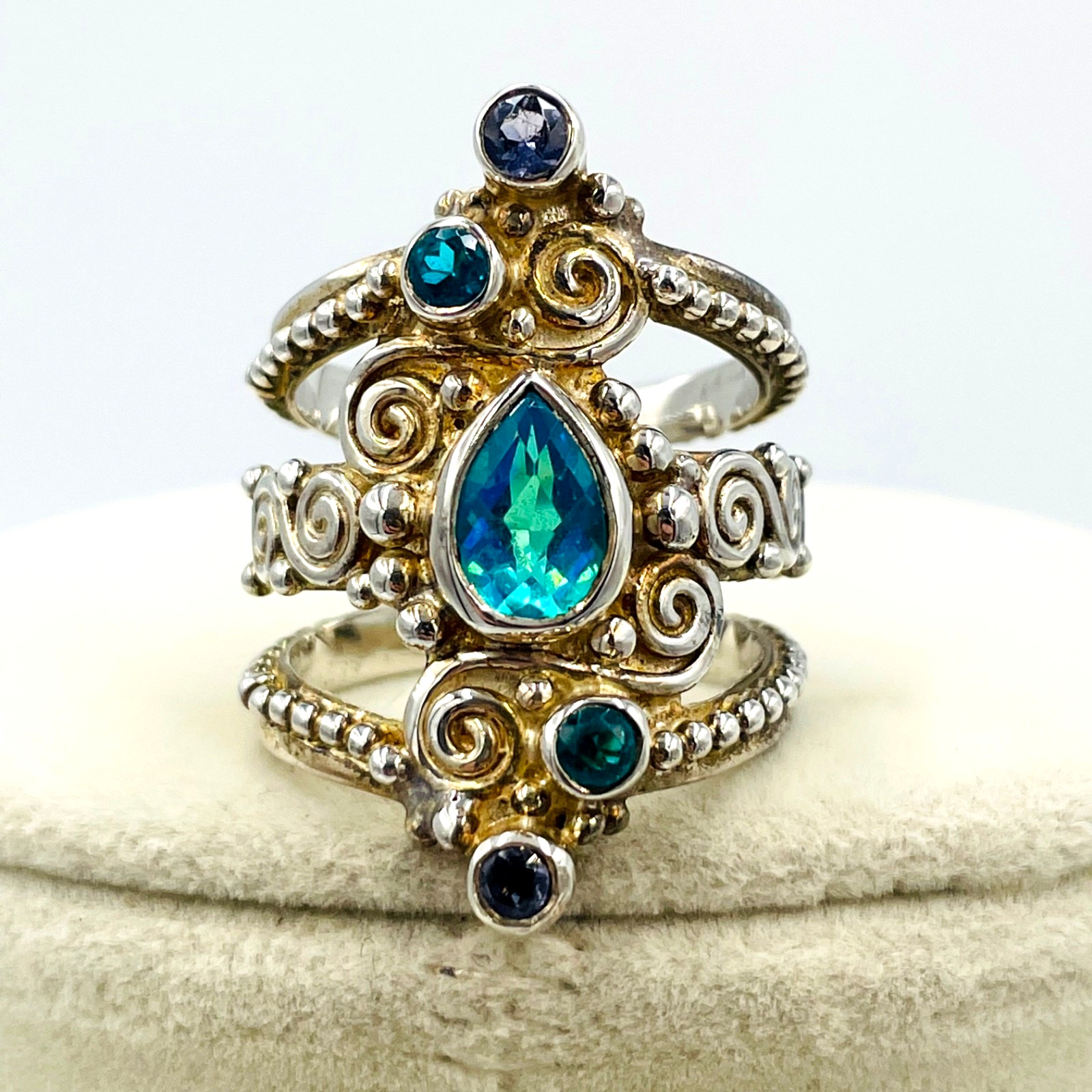 Sajen Mystic Fire Quartz Multi Gemstone 925 STS Adjustable Ring Sz 9 Boho Hippie