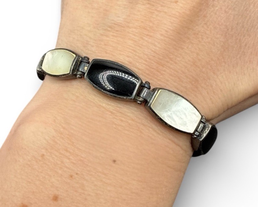 Sterling Silver Stefani Argento Bracelet 925 Black And White Panels 7” Y8