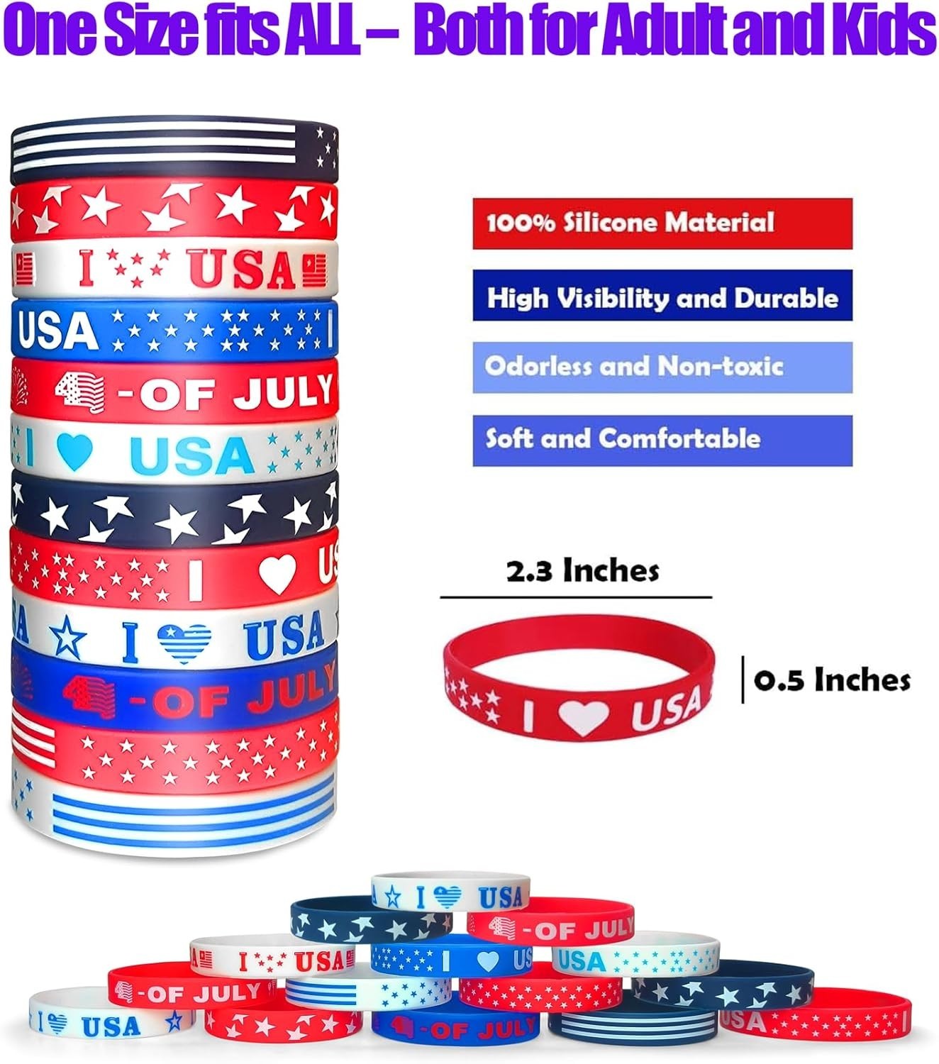 Multicolor Silicone Bracelets – 48PCS Independence Day Party Favors for All Ages