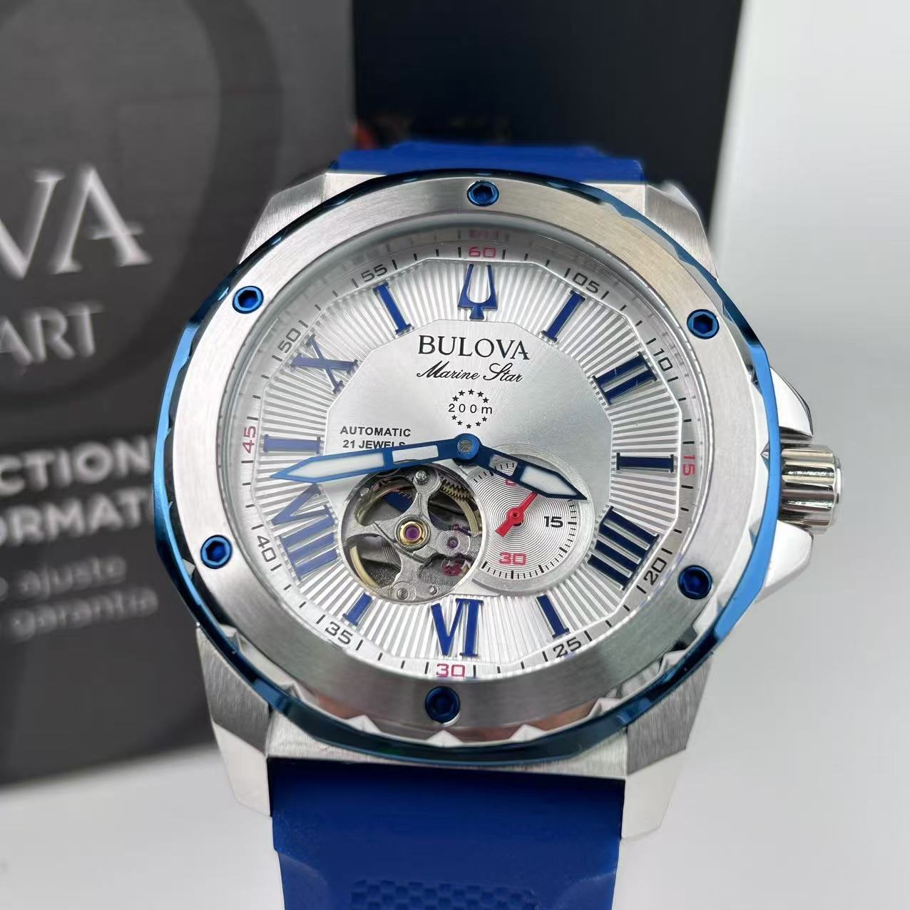 New Bulova Marine Star White Dial Blue Rubber Strap Men’s Automatic Watch 98A225