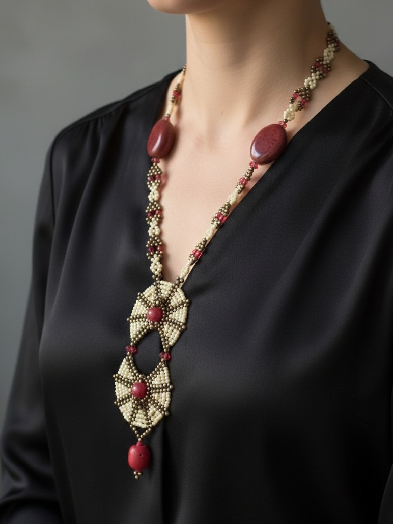Unique Handcrafted Necklace Agate Stones Coral Bamboo Red Ethnic Long Pendant