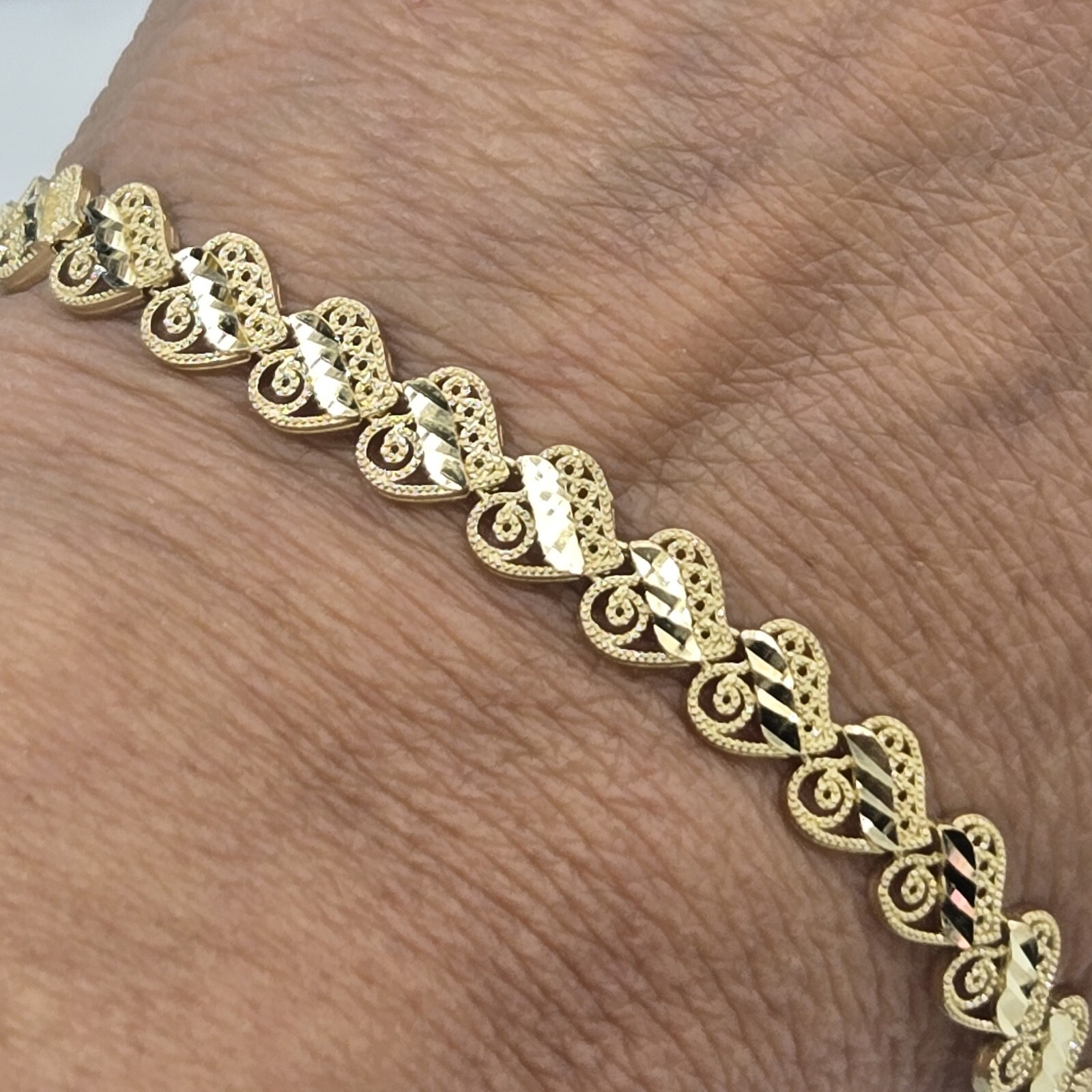 Solid 10k yellow gold hearts Bracelet 8 Inches Long Diamond Cut Large Size