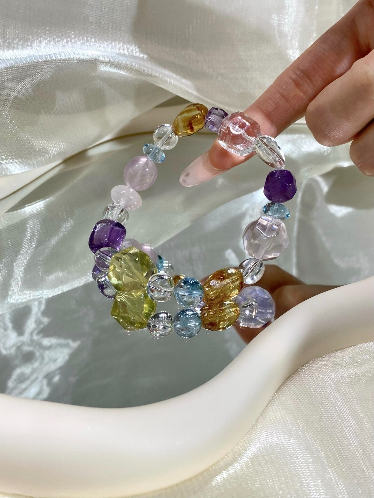 LUSA FEELA Natural Citrine Amethyst Crystal Beaded Stretch Bracelet Gift Box