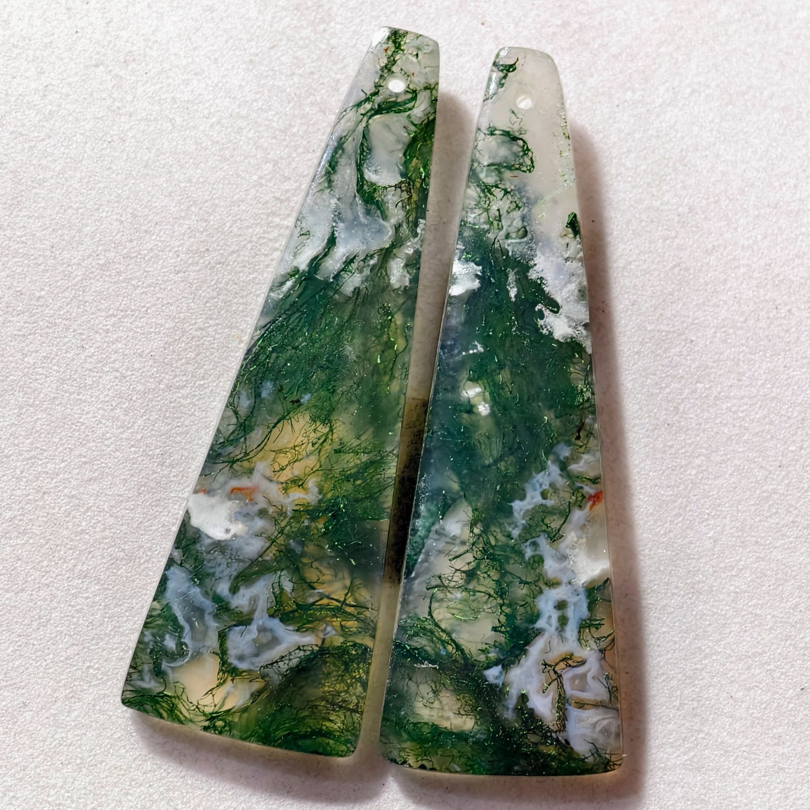47 Cts Natural Moss Agate Drilled Match Pair Cabochon Gemstone 46.9 X 15.4 MM