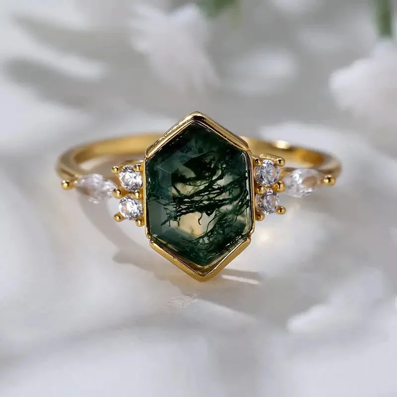 Rhodium Plated Hexagon Emerald Cut Cocktail Ring Prong Setting Fashion Jewelry