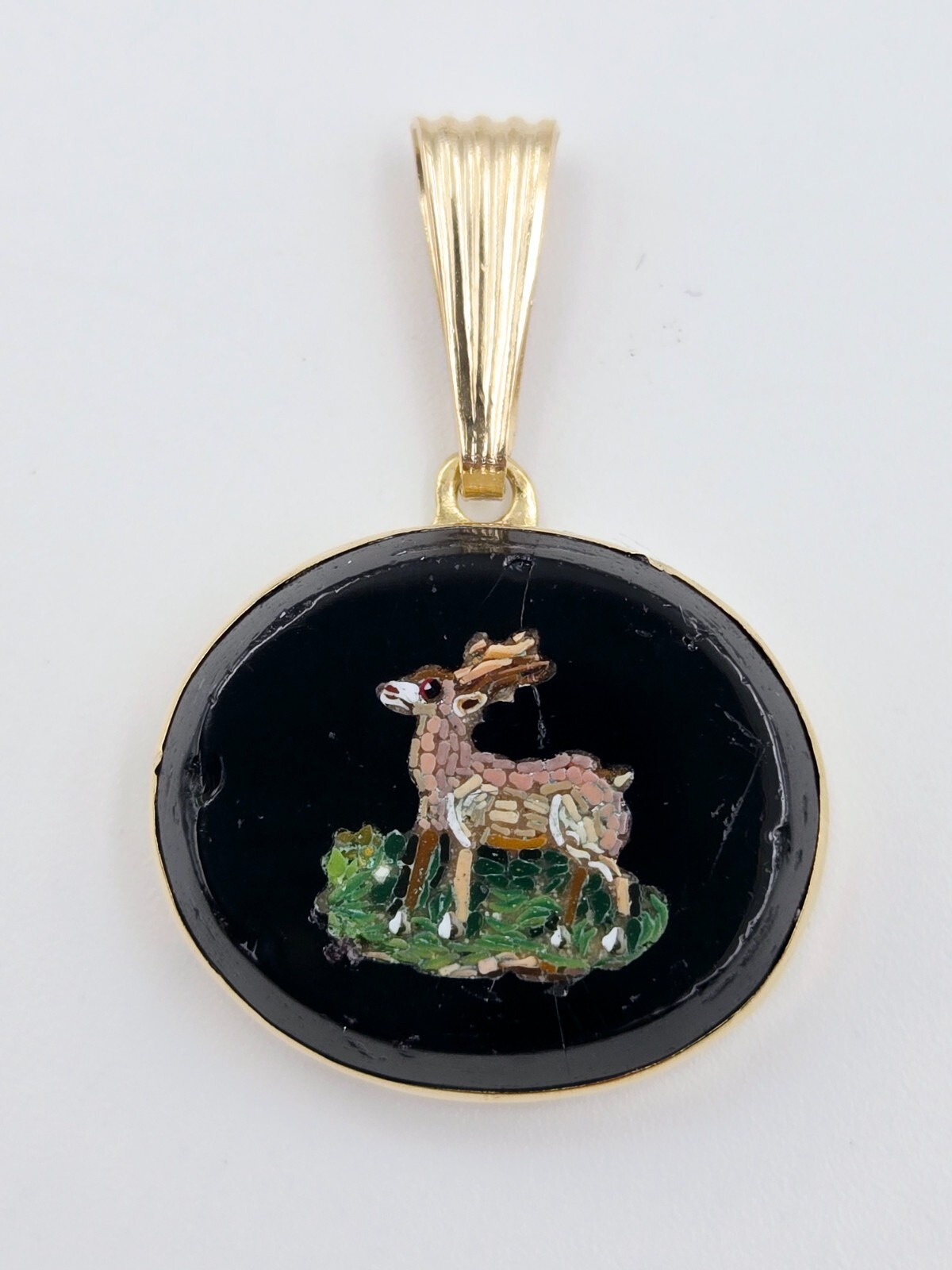 Micro Mosaic Pendant Deer Stag 14K Gold & other metals Italy Grand Tour Necklace