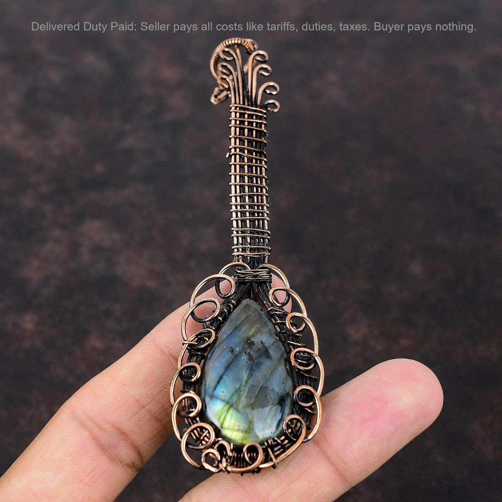 Black Friday Sale Natural Labradorite Copper Wire Wrapped Guitar Pendant Jewelry