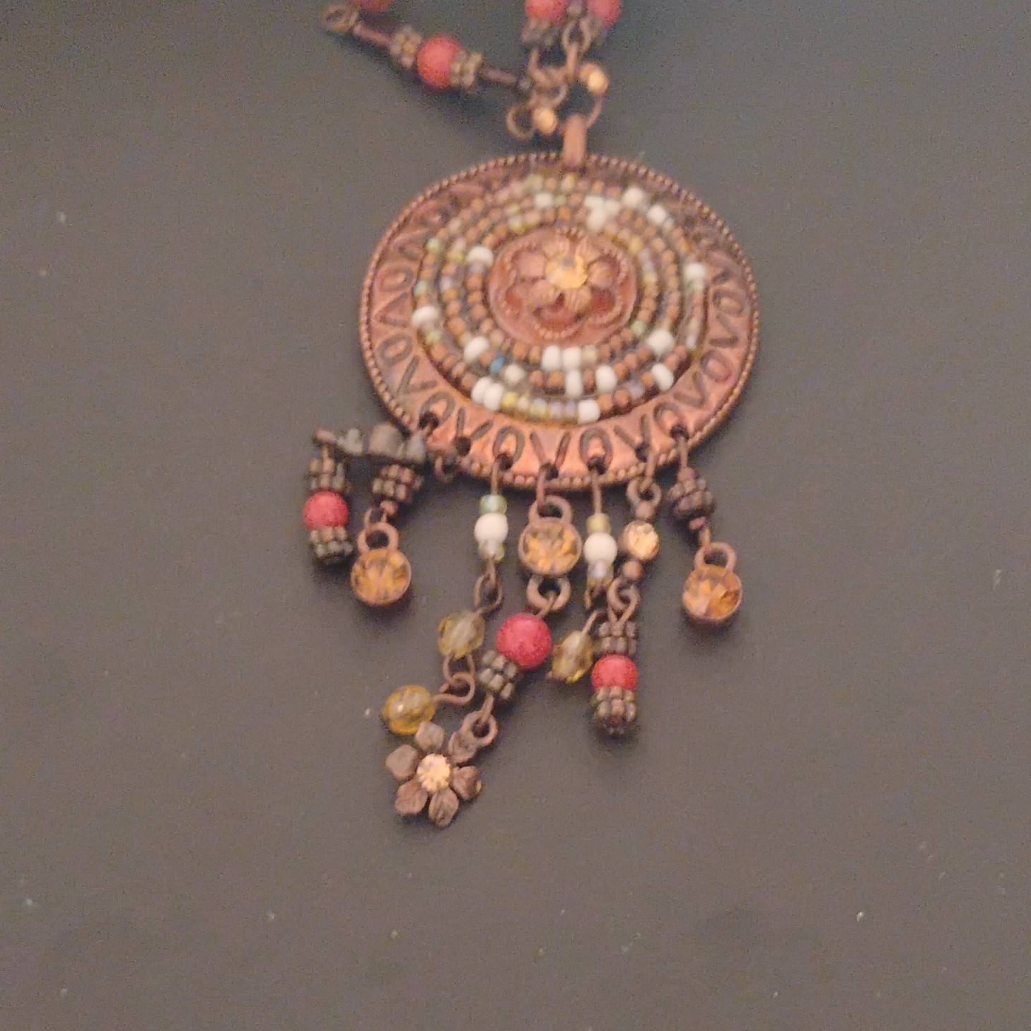 Copper Tone Bohemian Beaded Necklace Round Medal Pendant Dangle No Stone