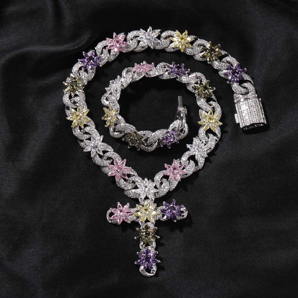 Hip-hop Chain Bling Rainbow Colored CZ Floral Necklace Heavy Gold Plated