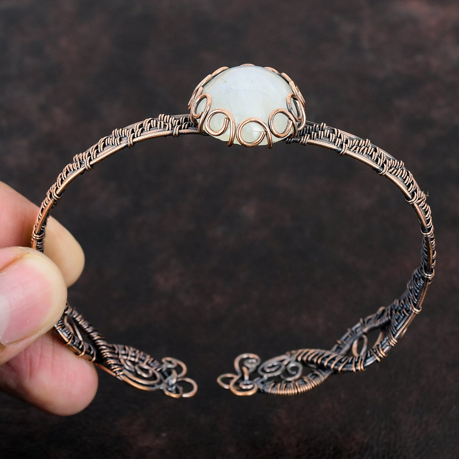 Rainbow Moonstone Wire Wrapped Adjustable Bangle Handcrafted Copper Gift
