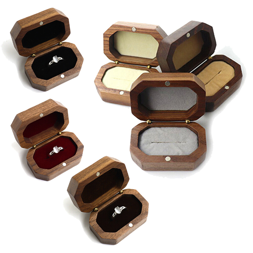 Vintage Walnut Wood Ring Box Jewelry Display Storage Holder Engagement Wedding#