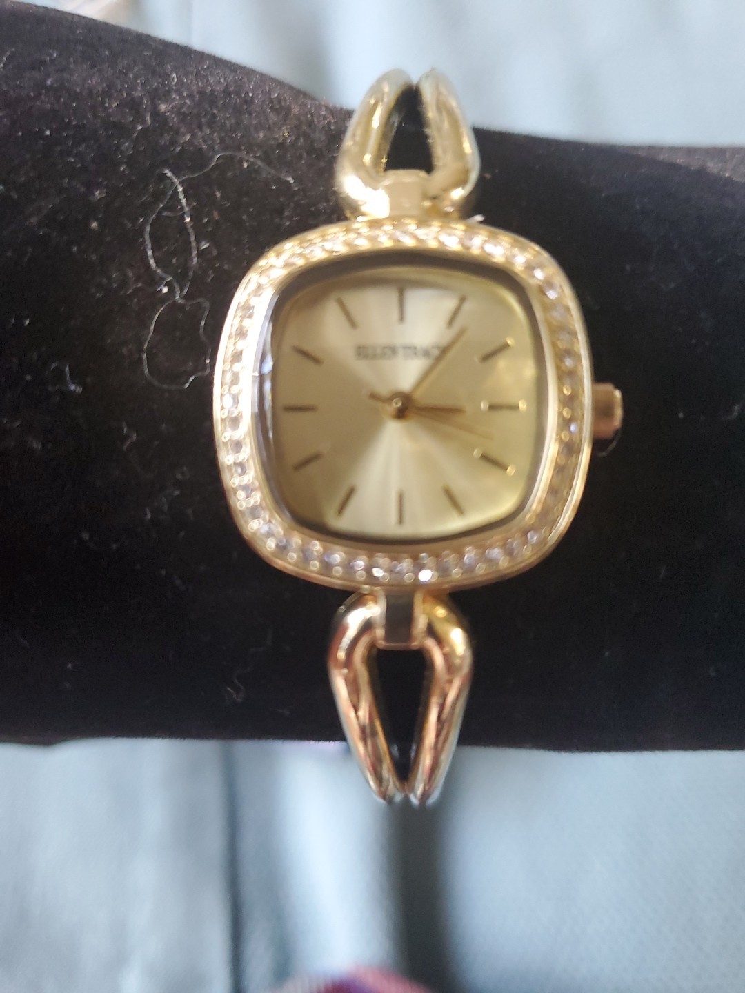 Ellen Tracy Watch Women 24mm Crystal Gold Tone Square HInged Bracelet 6.75″