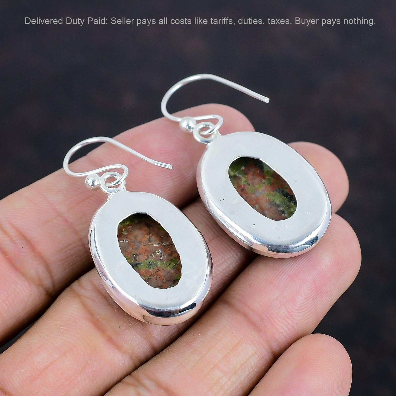 Heart Chakra Natural Unakite Sterling Silver Hook Bezel Drop Artisan Earrings