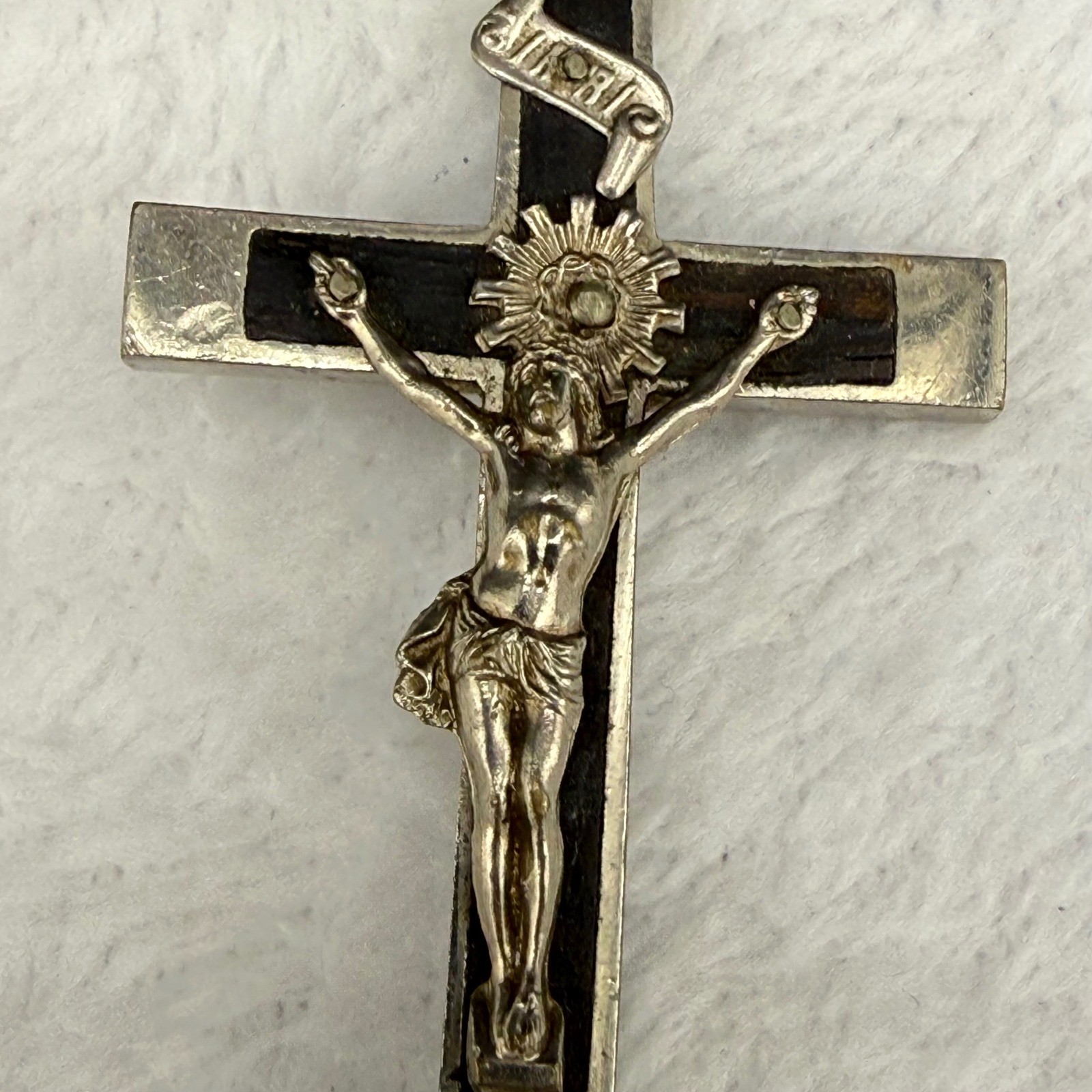 Vintage Real Ebony Wood Crucifix Pendant Silver Tone Memento Mori Skull 3″