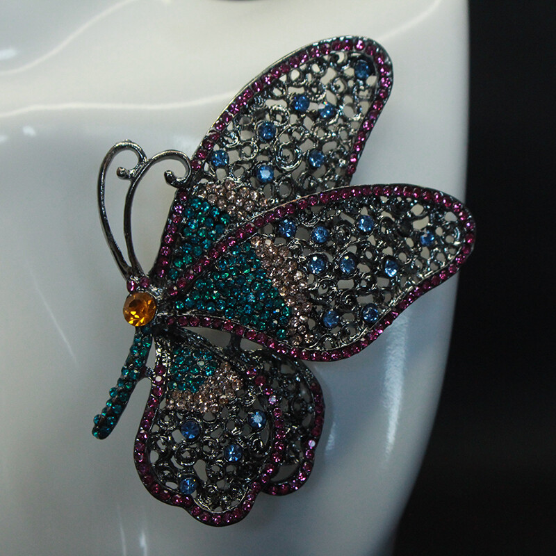 Vintage Large Size Blue Purple Butterfly Zircon Alloy Corsage Brooch Collar Pin