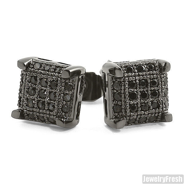 All Black Small Cube Micropave Mens Stud Earrings