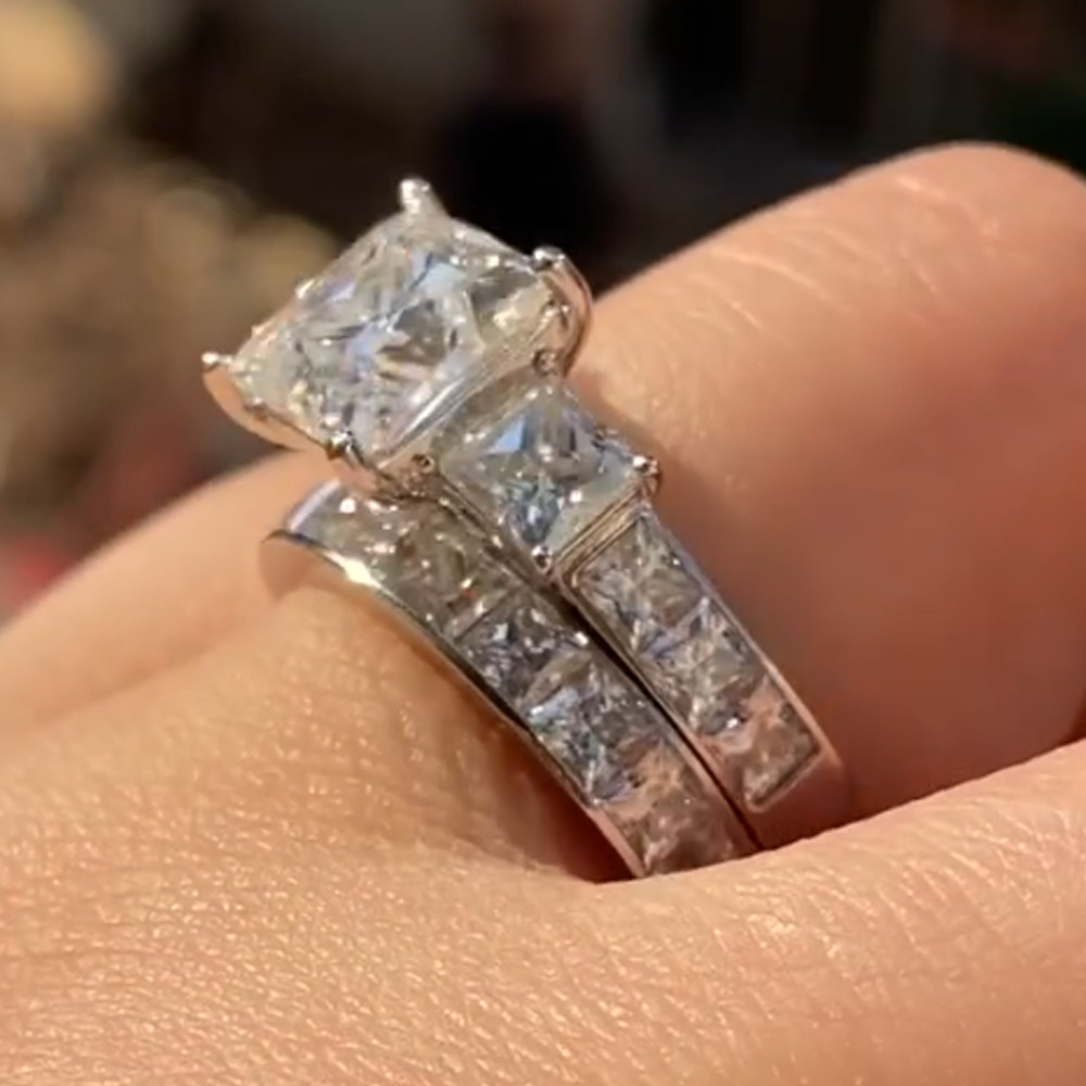 2.4CTW Princess Cut Moissanite 3-Stone Engagement Ring Set 14k White Gold Plated