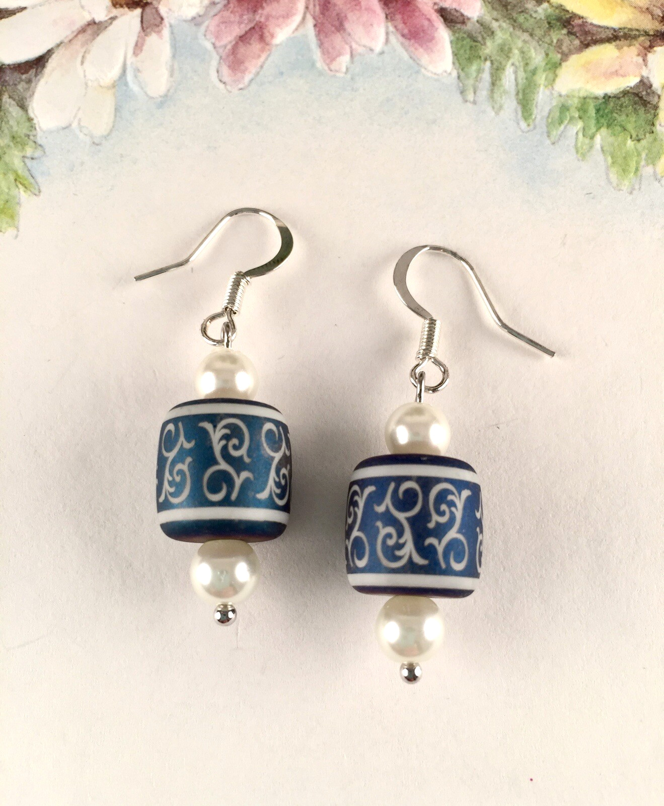 Blue & White Pearl Silver Drop Earrings Women Handmade Artisan Fashion Jewelry