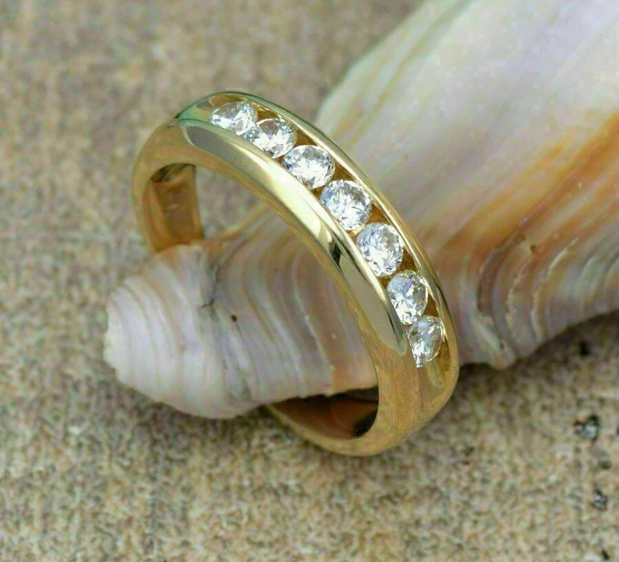 Men’s 2.5 CT Round Real Moissanite Wedding 7 Stone Ring Solid 14k Yellow Gold