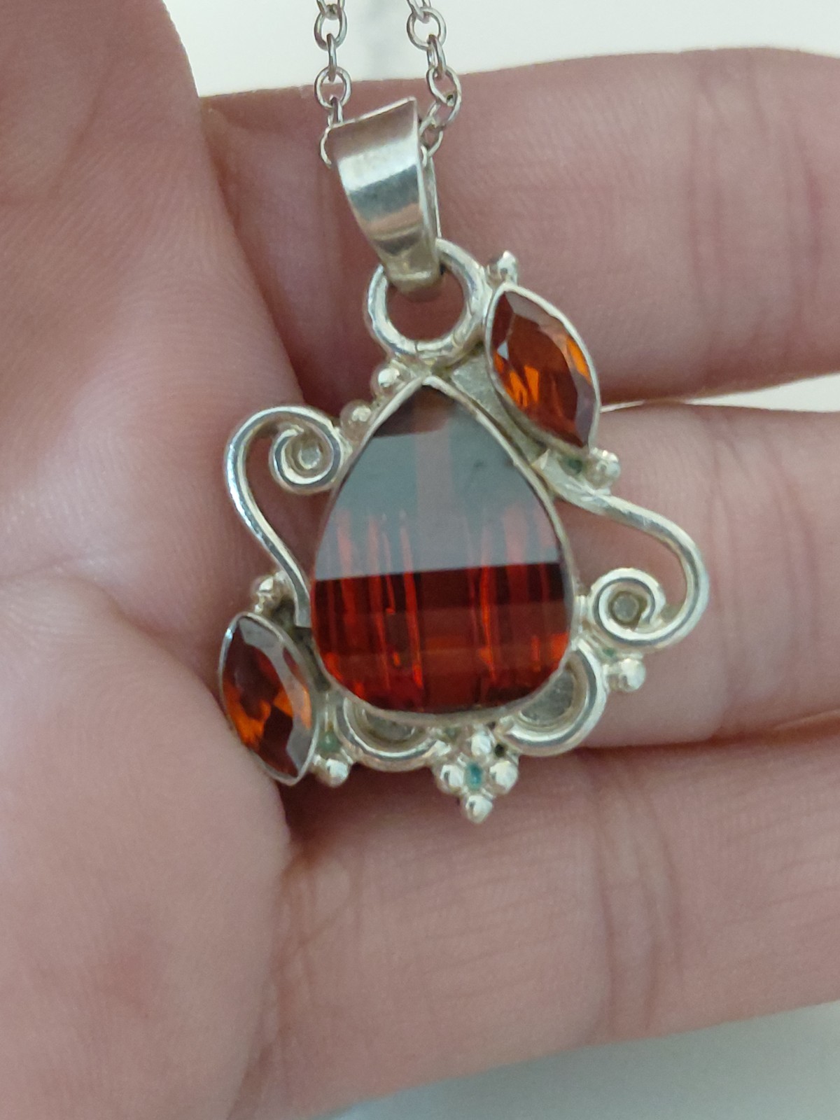 Hessonite Garnet Necklace And Earrings Artisan Set: Sterling Silver 925 W/ 19g
