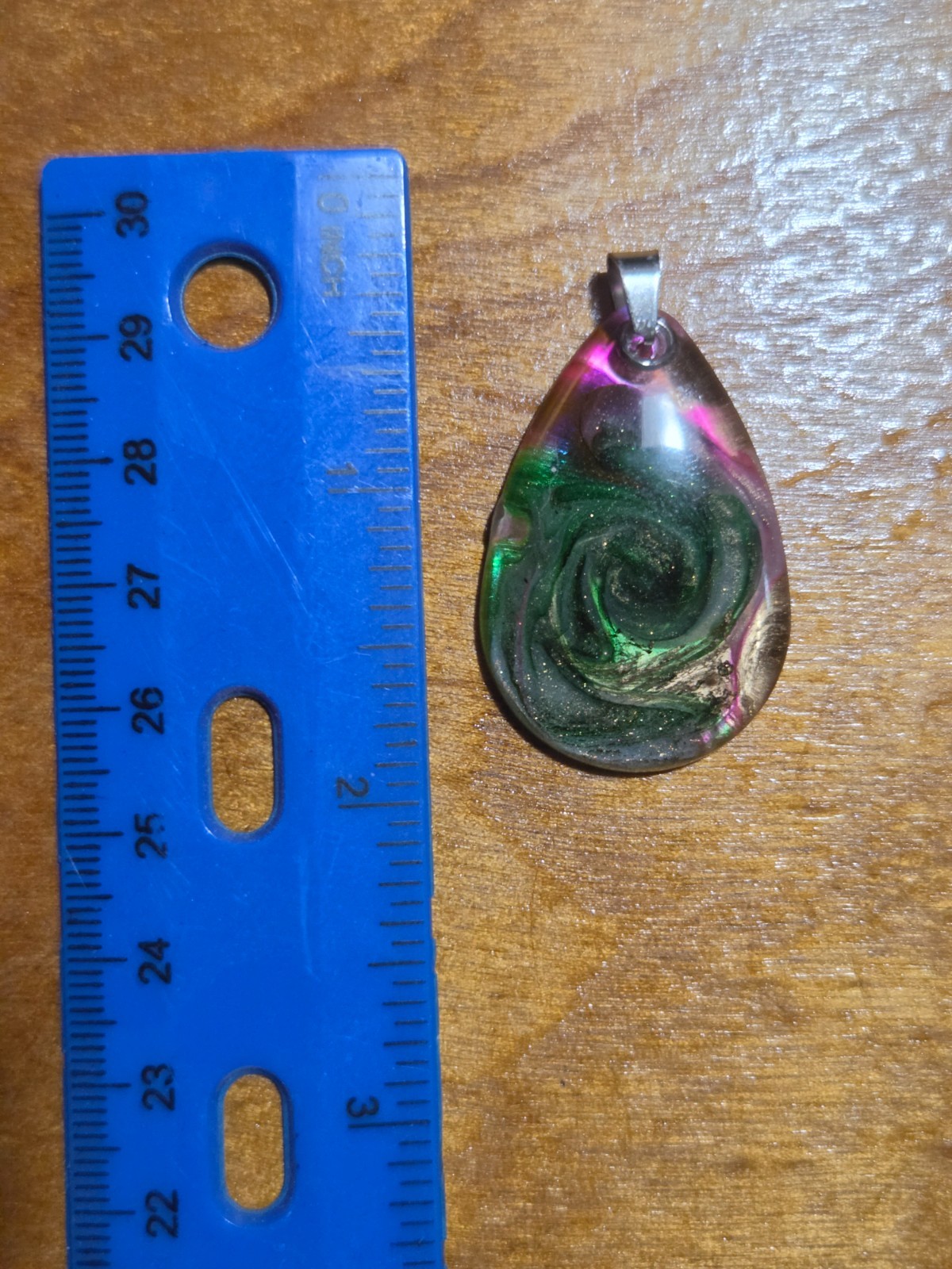 OOAK Green Pink Spiral Petri Effect Resin Teardrop Pendant N115