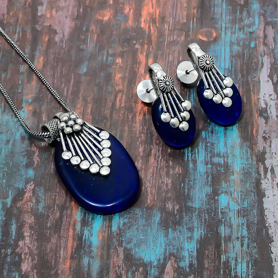 Blue Onyx Gemstone Handmade Necklace+Earring Jewelry Set z513