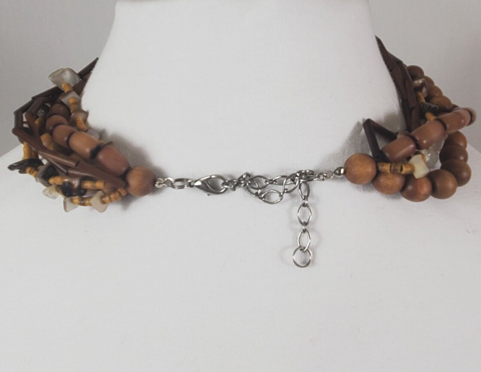 Necklace Statement Earth Tone Wood & Stone Beads Shell Mosaic Pendant 17″ to 21″
